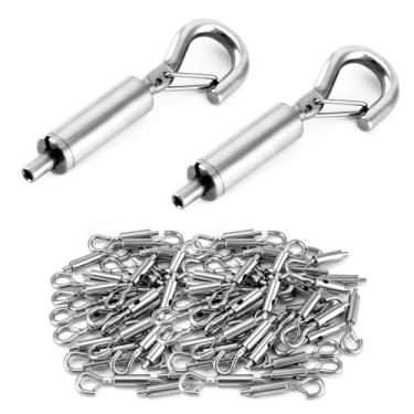 Imagem de QWORK Gancho de corda de aço, pacote com 80 ganchos portáteis e tensores de olho para cabo guia de aço inoxidável 1/16-3/32