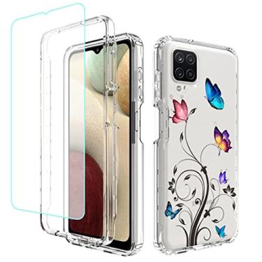 Imagem de Gufuwo Capa para Galaxy A12/Galaxy M12 SM-A125 com protetor de tela de vidro temperado, design floral de corpo inteiro, proteção rígida + TPU à prova de choque para Samsung Galaxy A12 (borboleta de