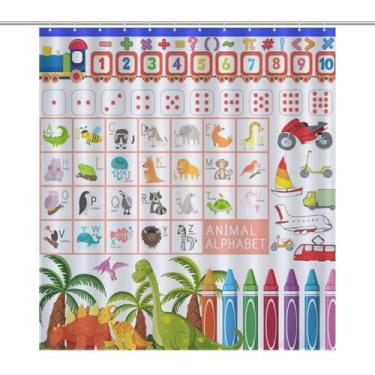 Imagem de Yoakiet Cortina de chuveiro do alfabeto, desenho ABC colorido dinossauro divertido carro alfabeto educação aprendizagem impressão para bebê criança banheiro crianças conjunto de decoração de casa com