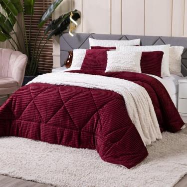 Imagem de Kit Coberdrom Edredom Canelado SOLTEIRO 02 Peças Dupla Face Denver com Fronha - Cobertor Manta Mantinha Microfibra Canelada Listrada Quente Grosso Macio (Vinho)