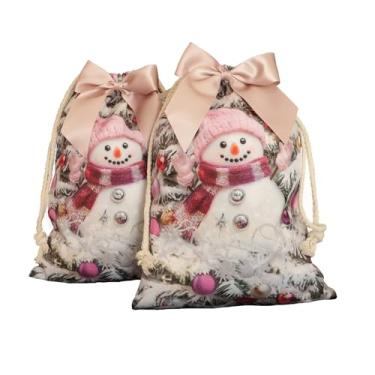 Imagem de Sacos de presente de lona de Natal com laços - 2 sacos pequenos com cordão, tema de boneco de neve