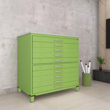 Imagem de Gaveteiro Mapoteca para Escritório de Aço Fixa com 10 Gavetas Industrial Verde/Cinza