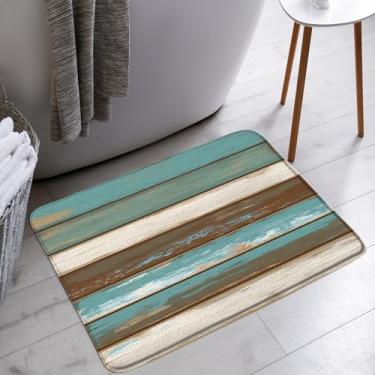 Imagem de YSATNSFT Tapete de banho rústico de madeira para casa de fazenda, porta de celeiro, marrom, azul, azul-petróleo, tema de vida no campo, tábuas grunge, banheiro, banheira, tapetes para chão, capacho