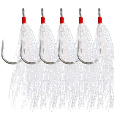 Imagem de Bucktail Teaser anzóis de pesca, 5 peças de plataforma de linguado de água salgada de aço inoxidável anzóis Bucktail Mylar Flash Teasers inseridos para Striper Catfish Bacalhau Linguado Hi/Lo Rig