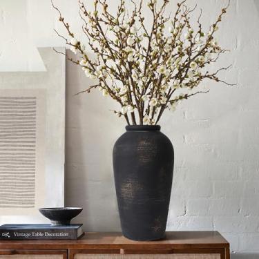 Imagem de Vaso rústico grande de cerâmica de 28 cm – decoração de mesa de jantar elegante para casamento e fazenda | Vaso de cerâmica texturizada, destaque para sala de estar interna/externa (preto)