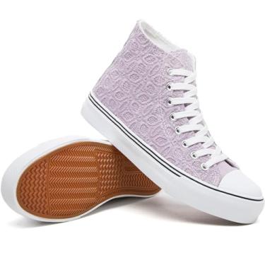 Imagem de Rominz Tênis feminino de lona de cano alto, moderno, bordado floral, branco e preto, casual, antiderrapante, leve, respirável, Roxa, 37