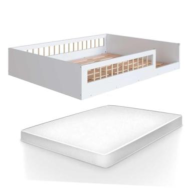 Imagem de Cama Casal Infantil com Colchão Montessoriana para Menino e Menina com Grade de Proteção Lateral Branco