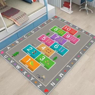 Imagem de YLZLDKH Tapete infantil Hopscotch para crianças, tapete educativo com número do alfabeto ABC, tapete de jogo de contagem infantil para sala de jogos, sala de aula, quarto e berçário (cinza, 79 x 119