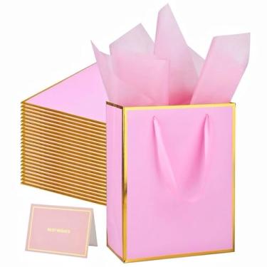 Imagem de UoeRing Pacote com 12 sacos de presente de agradecimento com alças 24 x 19 x 9,5 cm, sacos de presente de aniversário médios com papel de seda e cartão para casamento, madrinha, feriados, chá de bebê