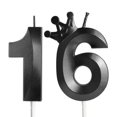 Imagem de Velas de aniversário de 16 anos para bolo, número 16 velas pretas com coroa, design 3D, enfeite de bolo de aniversário para meninos e meninas, festa de aniversário, casamento, celebração, suprimentos