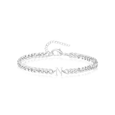 Imagem de TOLOWOBK Pulseira inicial combinando para casais, prata, letra A-Z, aço inoxidável, corrente de elos cubanos, pulseiras masculinas, presentes de aniversário e Natal para homens, mulheres, adolescentes