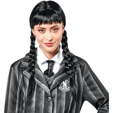 Imagem de Peruca Wandinha Trançada Preta Com Franja Halloween Cosplay - Abrakada