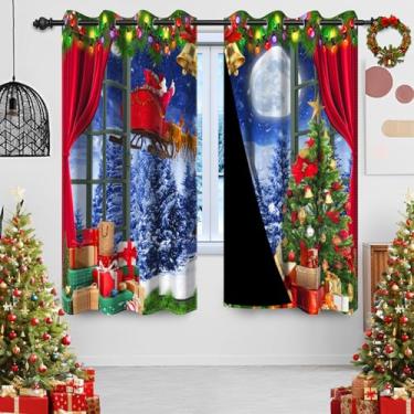 Imagem de Cortinas blackout de Natal para quarto, floresta nevada, Papai Noel, alce, cortinas pretas para sala de estar, presentes de árvore de Natal, ilhós, cortinas de janela com isolamento térmico, 132 x 213
