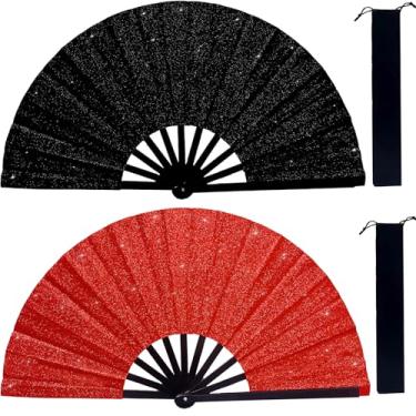 Imagem de Ehonik Ventoinhas para dança de linha, 2 peças de botas no chão, leque de mão para mulheres, portátil, dobrável, leque de mão com bolsa, grande leque de rave para dança em linha para festa, casamento
