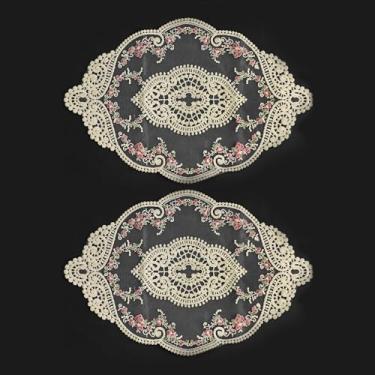 Imagem de pson 2 peças de jogo americano retrô bordado oval de 35 x 24 cm para decoração de casa, casamento, vaso e tapetes de copo (bege)