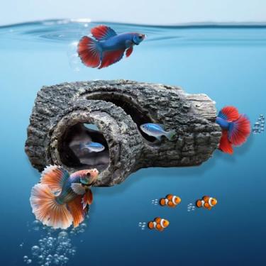 Imagem de YIBIKEHO Esconderijo oco de tronco de aquário, decoração de caverna de tronco de árvore de resina, verde marrom, 14 x 7 x 10 cm, ornamento de aquário