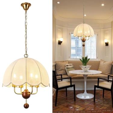 Imagem de ZVXREZLD Lustre de tecido grande 45,7 cm luminária pendente de meados do século, lâmpada suspensa vintage teto dourado altura ajustável luzes pendentes de casa de fazenda para sala de jantar cozinha