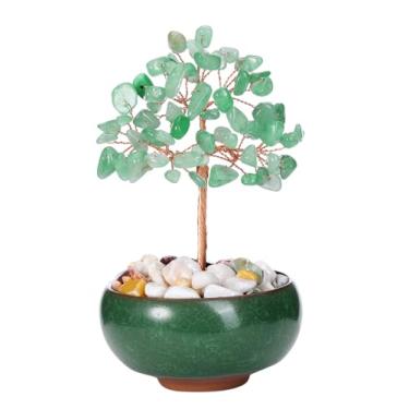 Imagem de GEHECRST Árvore de cristal de aventurina verde, árvore de pedra preciosa de cura natural com base de cerâmica, pedra artesanal Feng Shui, bonsai, árvores de dinheiro para riqueza, boa sorte, decoração