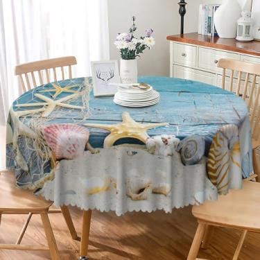 Imagem de SIEDYCV Toalha de mesa redonda para férias à beira-mar, 177 cm, concha, concha de madeira, rede de pesca, tecido impermeável, reutilizável, havaiana, para piquenique, acampamento, festa, decoração de