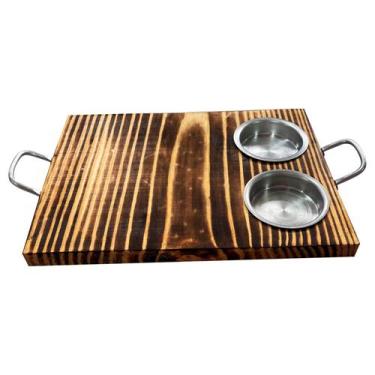 Imagem de Tábua Rustica Para hambúrguer retangular Com Potes Para Molho e Alça M