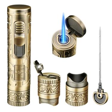 Imagem de XIFEI Isqueiro de tocha, isqueiro de charuto 4 em 1 com chama a jato, punção, suporte, realçador de desenho, isqueiros de butano recarregáveis à prova de vento, acessórios de charutos multifuncionais