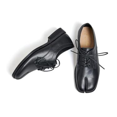 Imagem de Cuctos Sapatos Oxford Neutros Femininos Com Cadarço, Derby Feito À Mão, Couro Sintético, Flats, Sólidos, Femininos, Biqueira Dividida Tabi, Preto