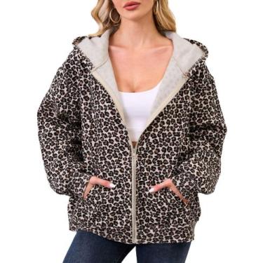 Imagem de Jaqueta feminina com capuz Eutten com estampa de leopardo, lã, marrom