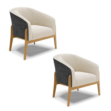 Imagem de Poltrona Decorativa Base Madeira Kit 2 Stella PU Preto/Bouclê Bege D03 - D'Rossi