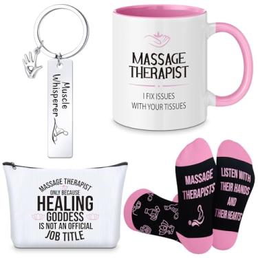 Imagem de Potchen Conjunto de presentes de massagista de Natal com 4 peças, chaveiro com sussurro muscular, bolsa de maquiagem, meias engraçadas, 325 ml, caneca de cerâmica dupla face, presentes para mulheres