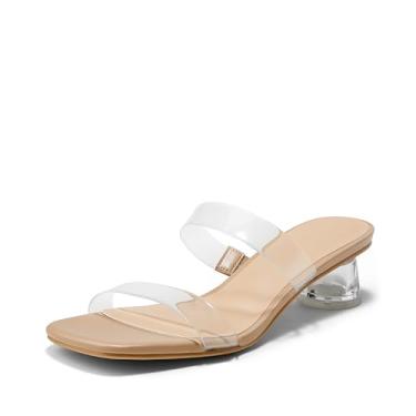 Imagem de Arromic Salto baixo feminino bico aberto quadrado salto grosso confortável duas tiras sandálias de salto para mulheres sapatos sociais de verão, Transparente/Nude, 8