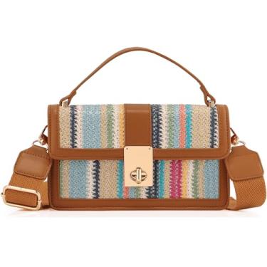 Imagem de DEXMAY Bolsas transversais de tecido de palha para mulheres - bolsa de praia Boho com alça superior │Bolsa clutch de ombro com alça larga ajustável, Raffia marrom/Coloful, Medium, Bolsas transversais