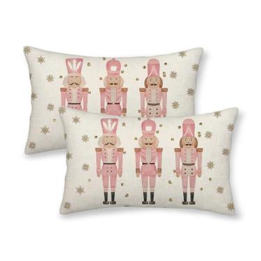 Imagem de Sorktse Capas de travesseiro de Natal 30,5 x 50,8 cm conjunto de 2 capas de travesseiro rosa quebra-nozes Natal inverno floco de neve ao ar livre fronhas lombares decoração para sofá quarto almofada