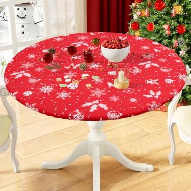 Imagem de misaya Toalha de mesa redonda de Natal com borda elástica, capa de mesa de plástico 100% à prova d'água à prova de óleo, toalha de mesa de flanela de vinil serve para mesas redondas de 91 a 112 cm