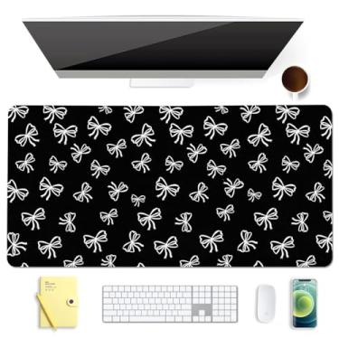 Imagem de BlHMCASE Lindo tapete de mouse com laço branco preto estendido para jogos, protetor de couro antiderrapante para mesa de escritório em casa, tapete de mesa para laptop