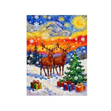 Imagem de Pinturas em tela Natal-Quadros Decoração de Parede-Árvore veado noite estrelada-Inverno Paisagens Impressões para Sala de Estar 60x80cm Sem Moldura