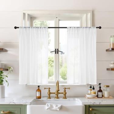 Imagem de BGment Cortinas de linho branco 91 cm de comprimento para janela sobre a pia, cortinas pequenas para decoração de cozinha, banheiro, café, rústica, leve com bolso para haste, conjunto de 2 painéis