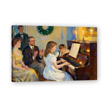Imagem de Apresentação de piano, arte em tela de Natal inspirada no impressionista, decoração de parede quente para férias com pinceladas suaves para casa emoldurada de 69,8 x 104,9 cm