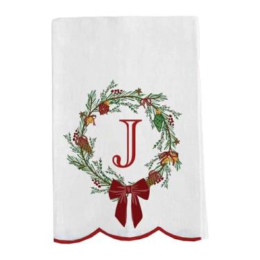 Imagem de Mary Square Monograma de guirlanda de Natal J toalha de chá vermelha e branca 35 x 16,5 todo algodão toalha de mão de cozinha | Decoração de casa festiva e presente