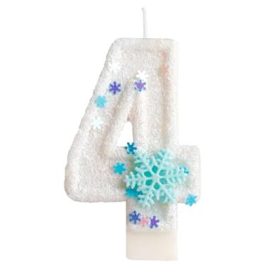 Imagem de Velas de aniversário com tema de neve congelada branca, floco de neve branca, número 4 para artigos de festa, decoração de topo de bolo número 4 de festa de aniversário congelada de inverno