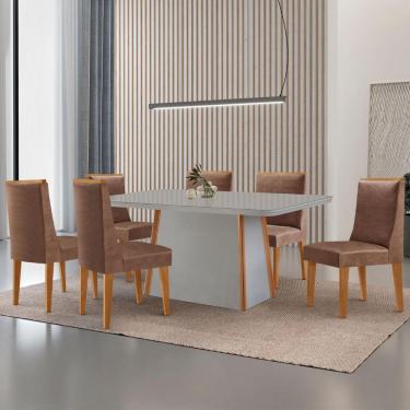 Imagem de Mesa De Jantar Diane 180cm Tampo Mdf Vidro 6 Cadeiras Lisboa Moderna Tork Naturale Serigrafia Off White