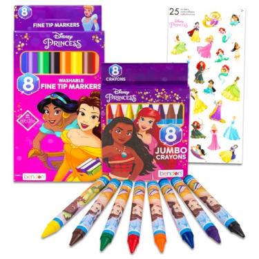 Imagem de Disney Conjunto de colorir princesa – Pacote de 8 marcadores e 8 giz de cera jumbo para colorir, desenhar e muito mais | Material escolar de princesa Disney para crianças