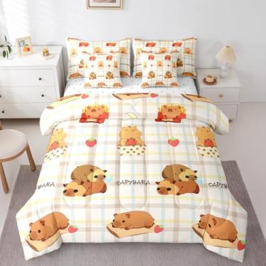 Imagem de Erosebridal Lindo conjunto de edredom solteiro capivara com lençóis, lindos roedores, conjunto de cama xadrez de treliça geométrica de morango e fruta, em uma bolsa, estampa de vida selvagem de