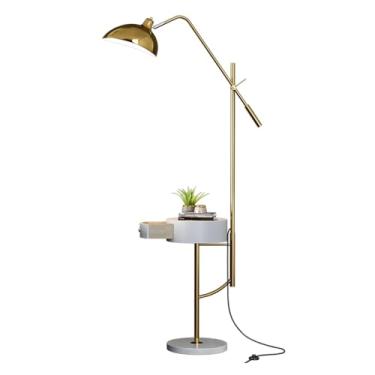 Imagem de Luminária de chão Mesa de cabeceira LED redonda inteligente com lâmpada e estação carregamento sem fio, mesa moderna gavetas madeira, cama pequena para quarto/leitura(Gold)