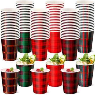 Imagem de Zhehao 300 peças de copos de papel de Natal 255 g descartáveis 6 estilos vermelho verde xadrez copo de café para chocolate quente café bebidas frias crianças decoração de festa de Natal
