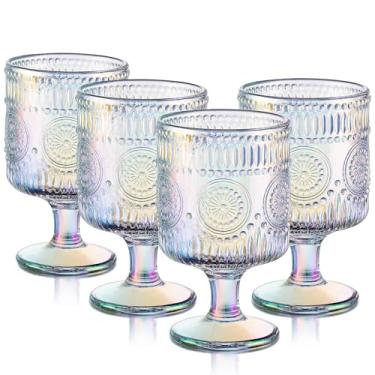 Imagem de Joeyan Copos de vinho iridescentes vintage, copos de cálice de água em relevo com padrões de girassol, copos decorativos com contas de arco-íris, copos de vidro para festa de casamento, aniversário