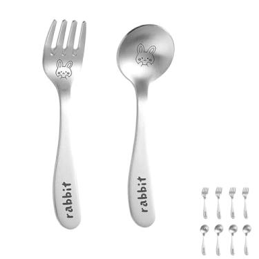 Imagem de Conjunto de colher e garfo de sobremesa de aço inoxidável – 2 mini utensílios para expresso, sorvete, sobremesa e muito mais disponível em dinossauros, pandas, coelhos, gatos e porcos (coelho)