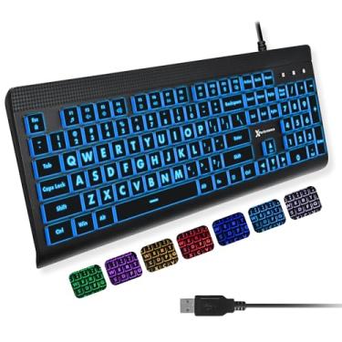 Imagem de Teclado de computador X9 com retroiluminação de impressão grande - letras grandes fáceis de ver - Teclado USB iluminado com fio com 7 cores de fundo, teclado grande iluminado de tamanho completo para