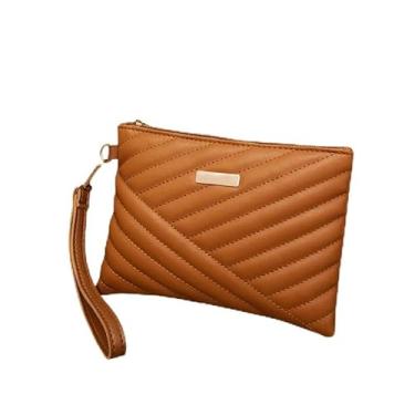 Imagem de Bolsa clutch feminina de luxo acolchoada com design clássico, leve, tamanho médio, carteira com zíper, Marrom, Small