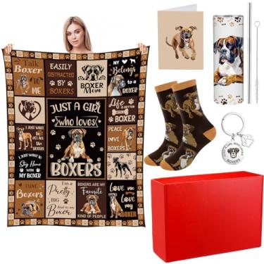 Imagem de Tinlade Conjunto de 6 peças de presente de cachorro boxer de Natal inclui cobertor boxer para cães 152 x 127 cm, meias isoladas, cartão de felicitações, chaveiro, caixa de presente, presente para