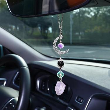 Imagem de Pyotivol Acessórios para espelho retrovisor de carro, enfeite de pendurar fofo, boêmio, exclusivo, decoração retrovisora, berloque, contas de cristal feitas à mão, lua oscilante, decoração de